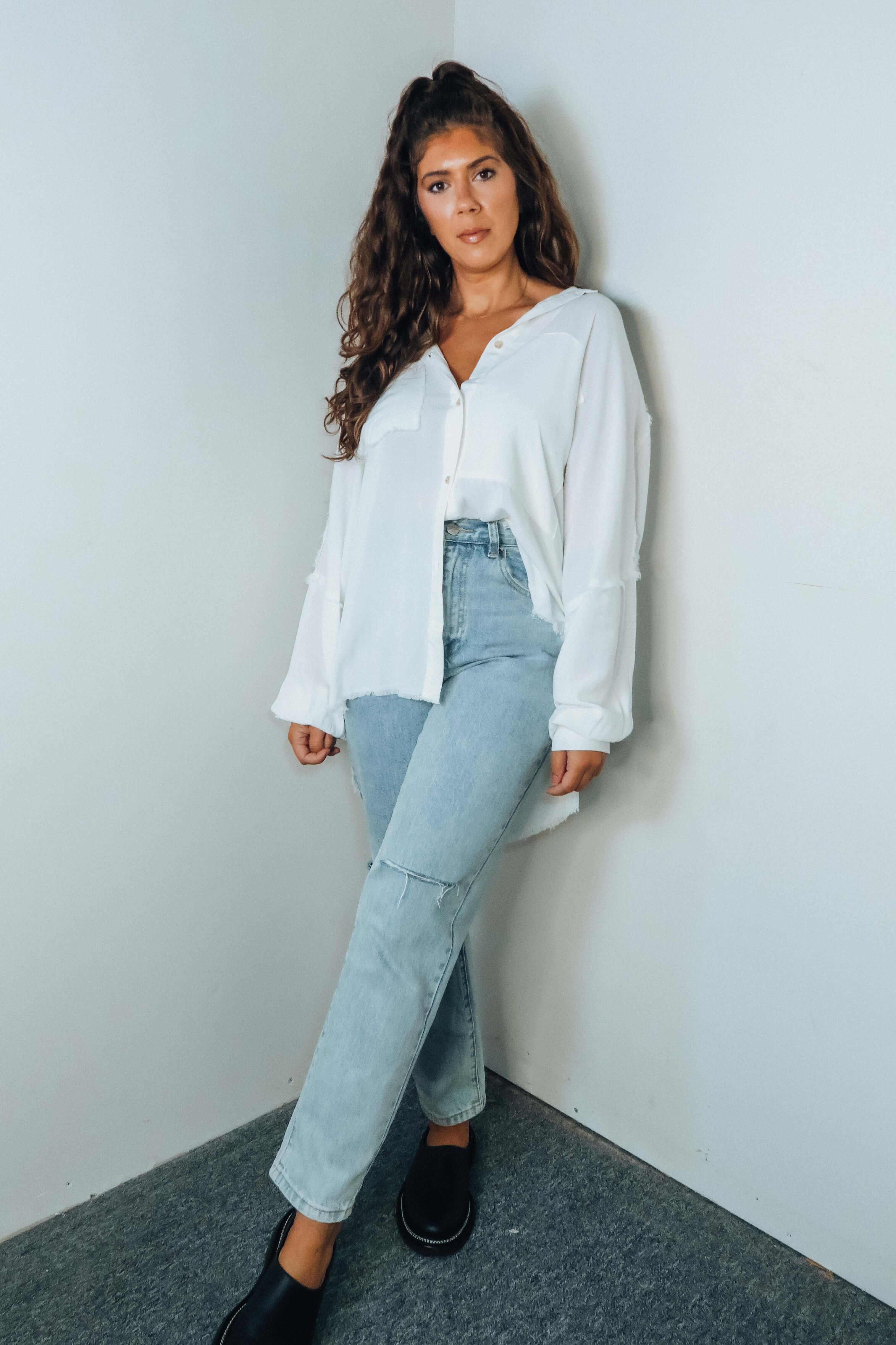 'Delilah' Oversize Raw Edge Button-Down Shirt - Ivory