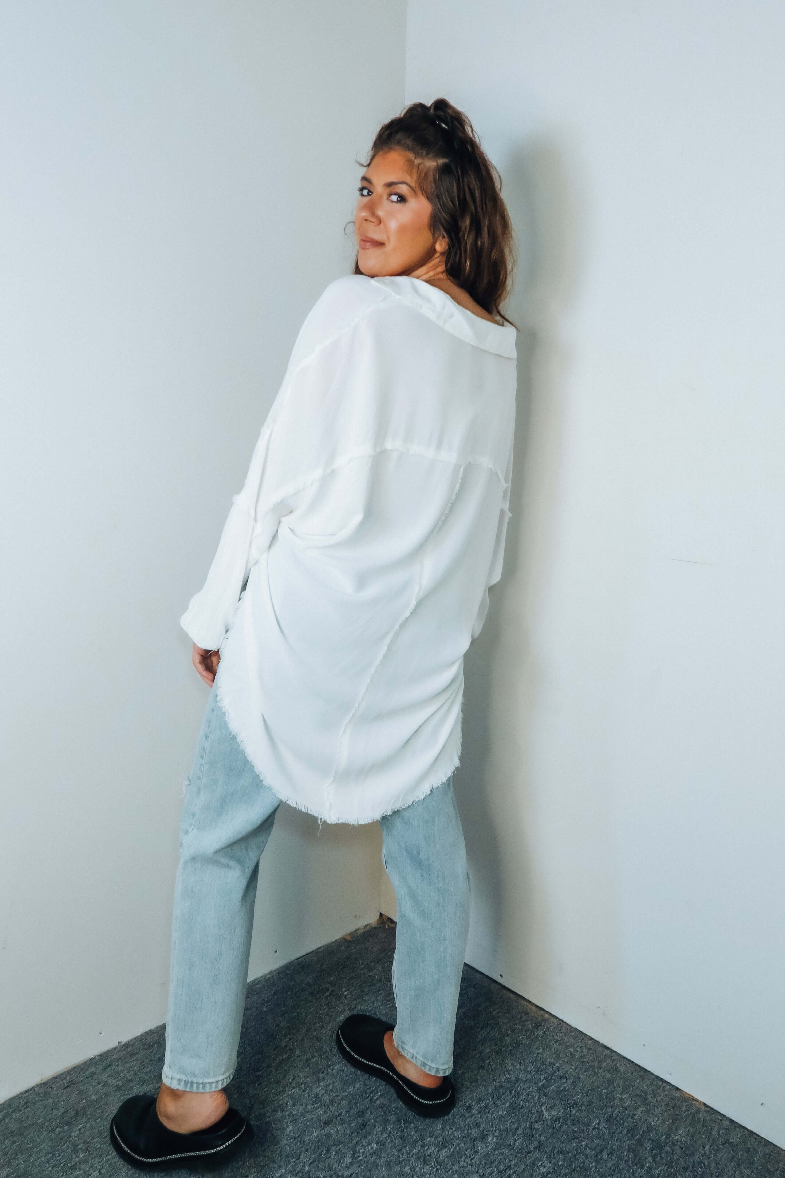 'Delilah' Oversize Raw Edge Button-Down Shirt - Ivory