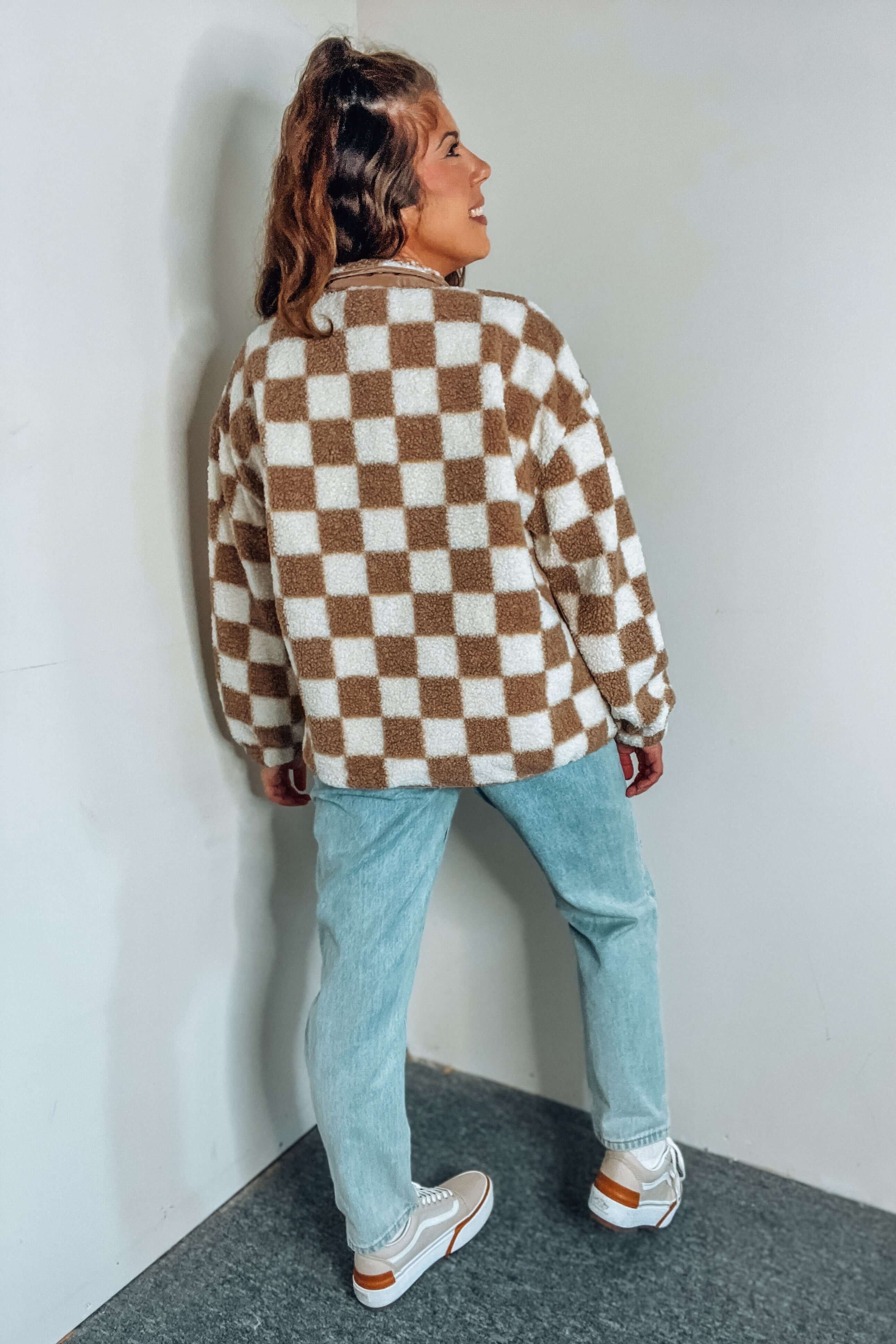 Checkered Snap Button Fleece Jacket - Tops - The Green Brick Boutique