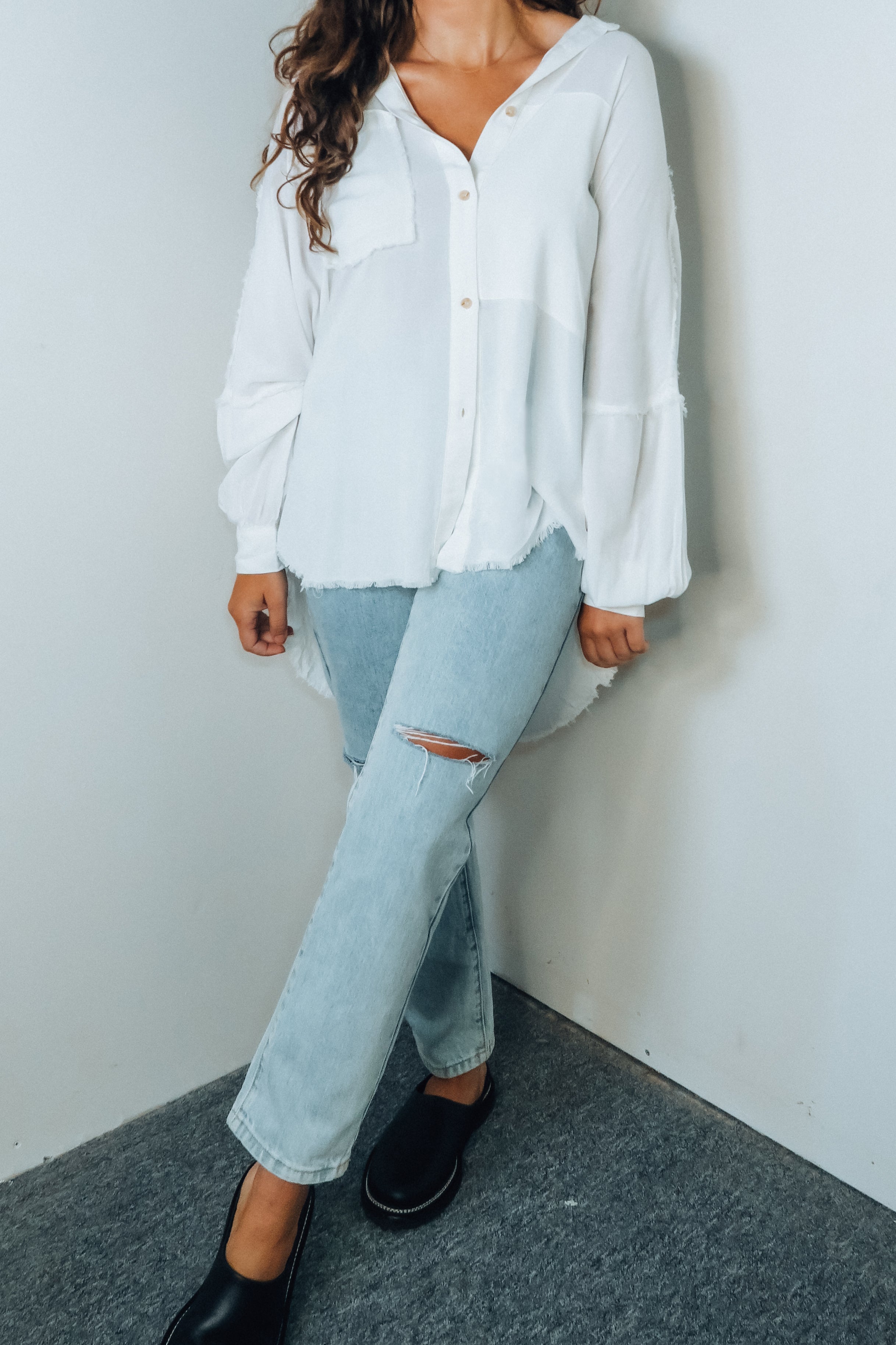'Delilah' Oversize Raw Edge Button-Down Shirt - Ivory - Tops - The Green Brick Boutique