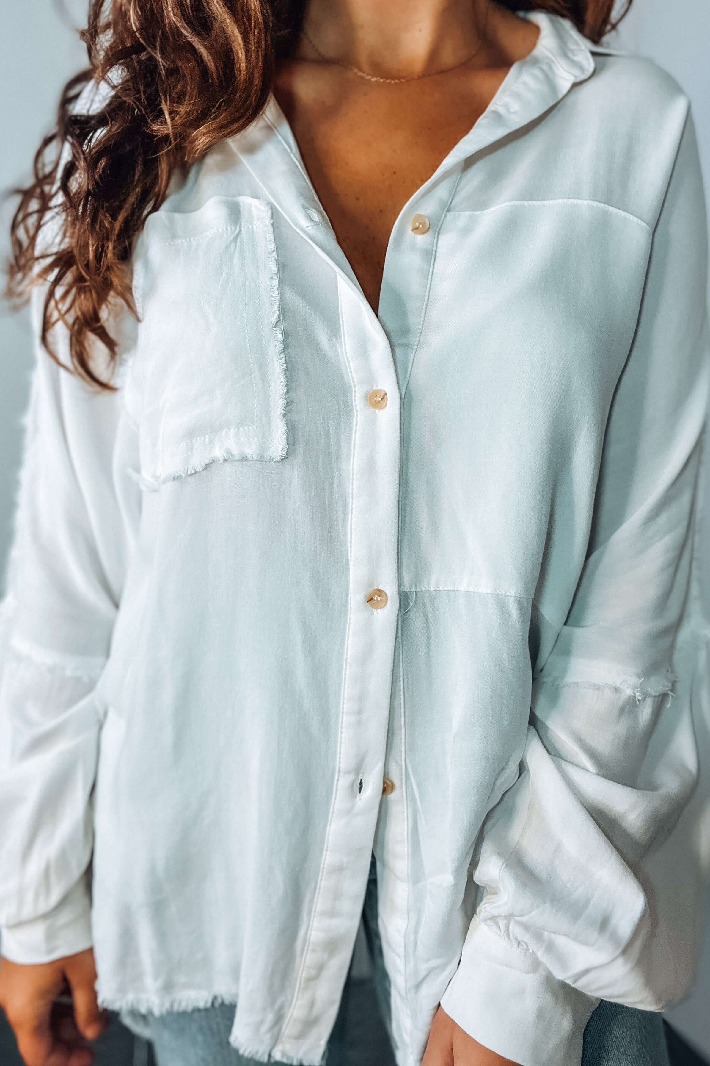 'Delilah' Oversize Raw Edge Button-Down Shirt - Ivory - Tops - The Green Brick Boutique