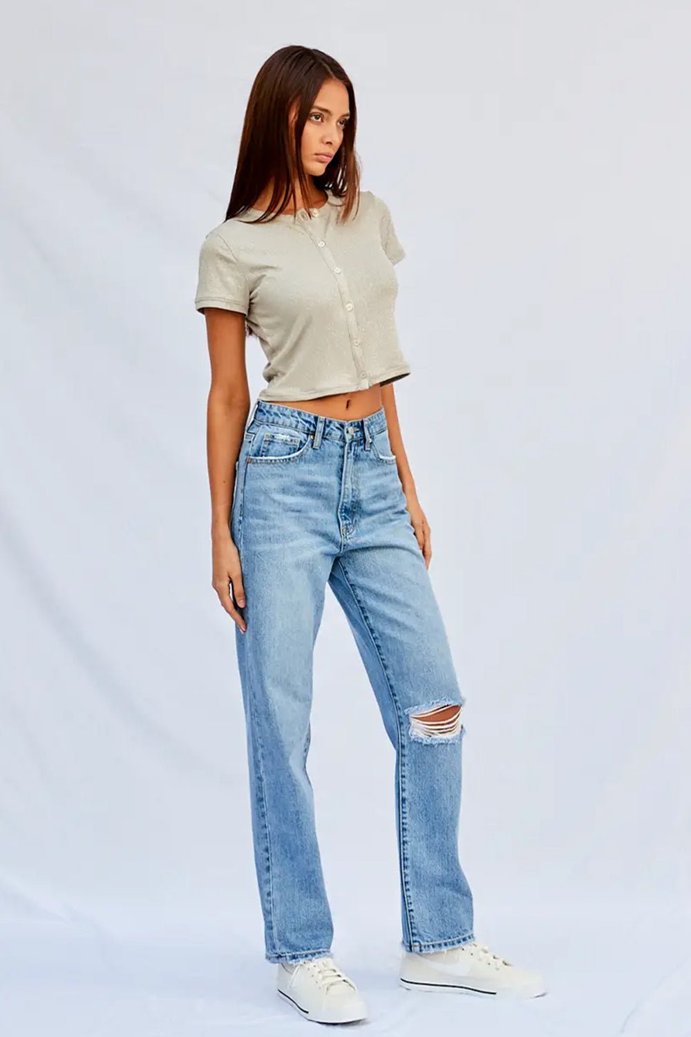 Insane Gene High Rise Ripped Straight Jeans - Bottoms - The Green Brick Boutique