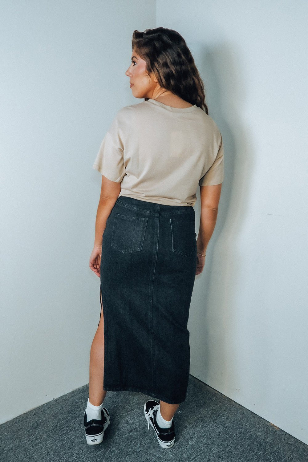'Logan' Black Denim Midi Skirt With Side Slit - Skirts - The Green Brick Boutique