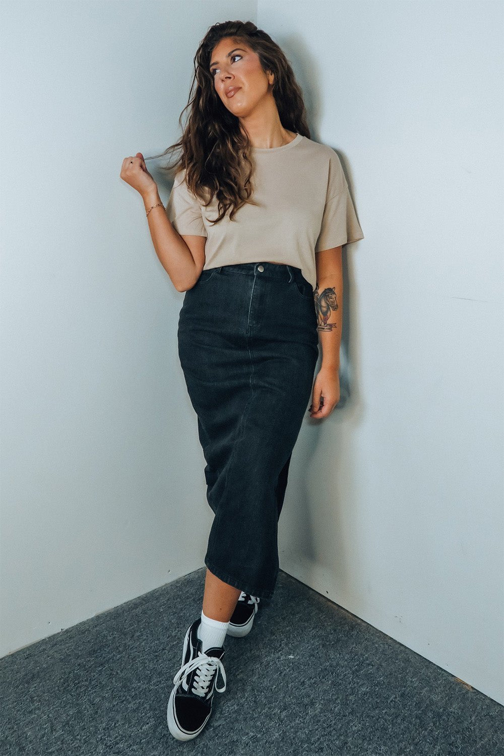 'Logan' Black Denim Midi Skirt With Side Slit - Skirts - The Green Brick Boutique