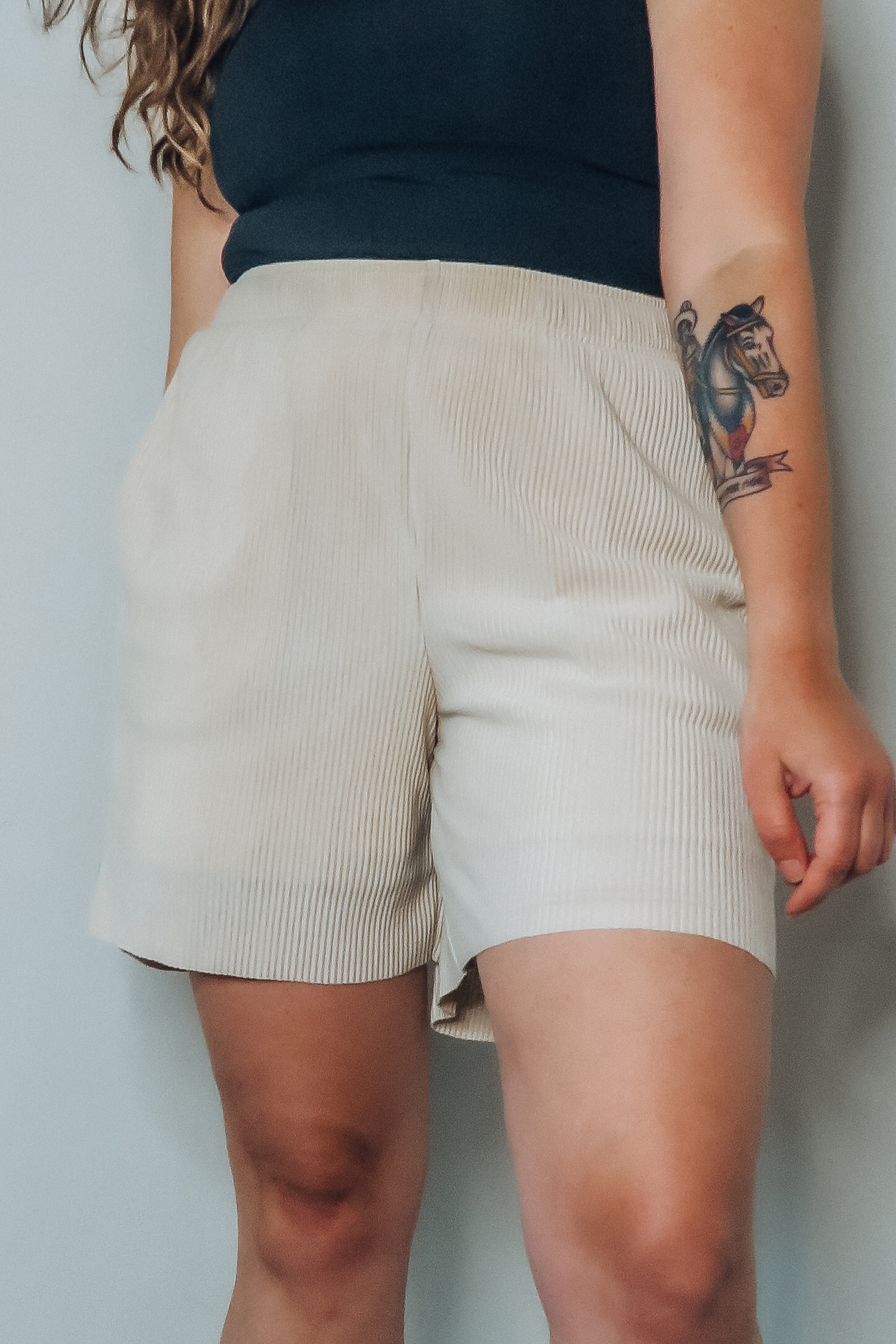 Micro-Pleated High Rise Mid-Length Casual Shorts - Bottoms - The Green Brick Boutique
