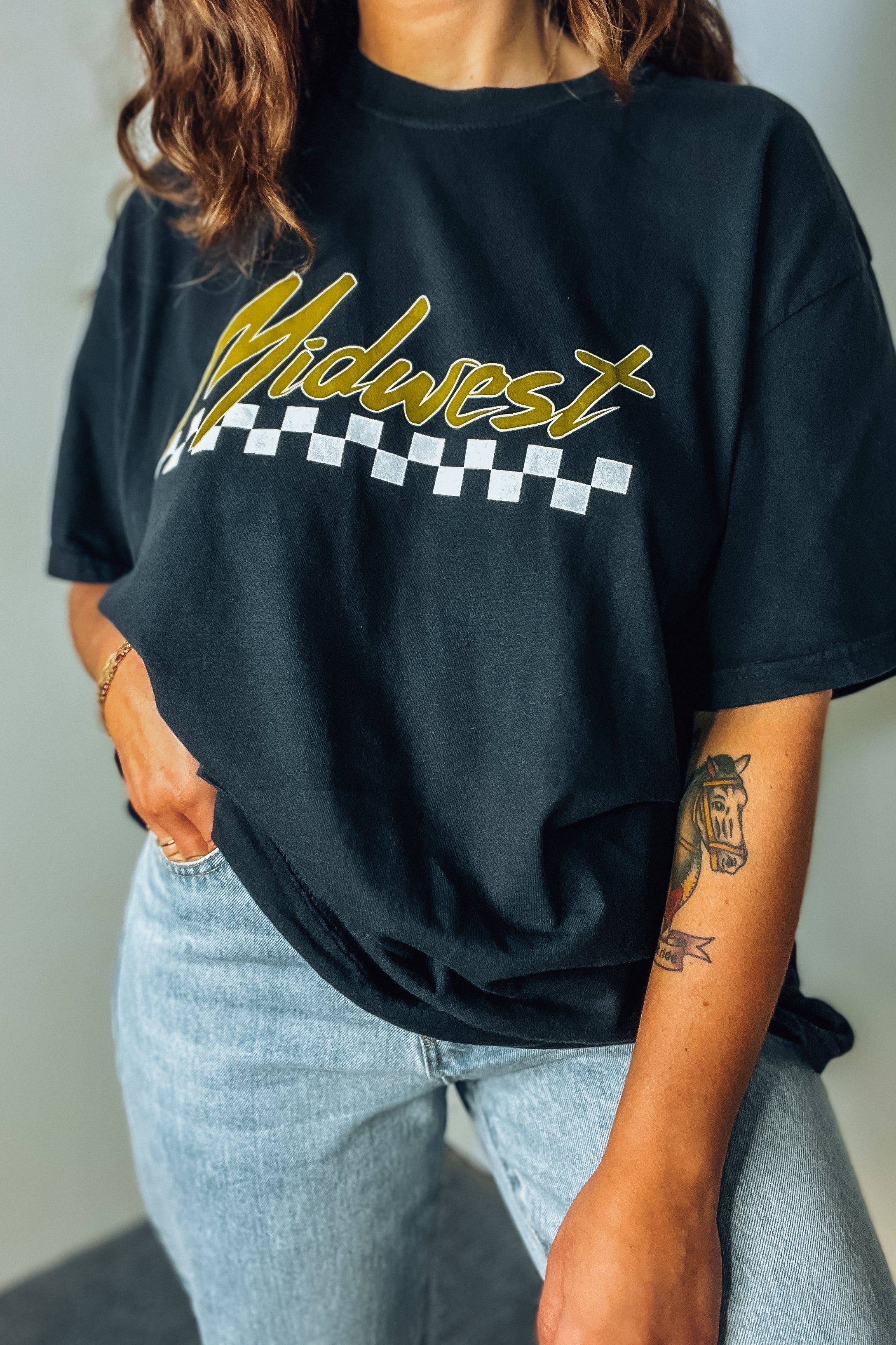 'Midwest' Checkered Grunge Boho Womens Graphic Tee - Tops - The Green Brick Boutique