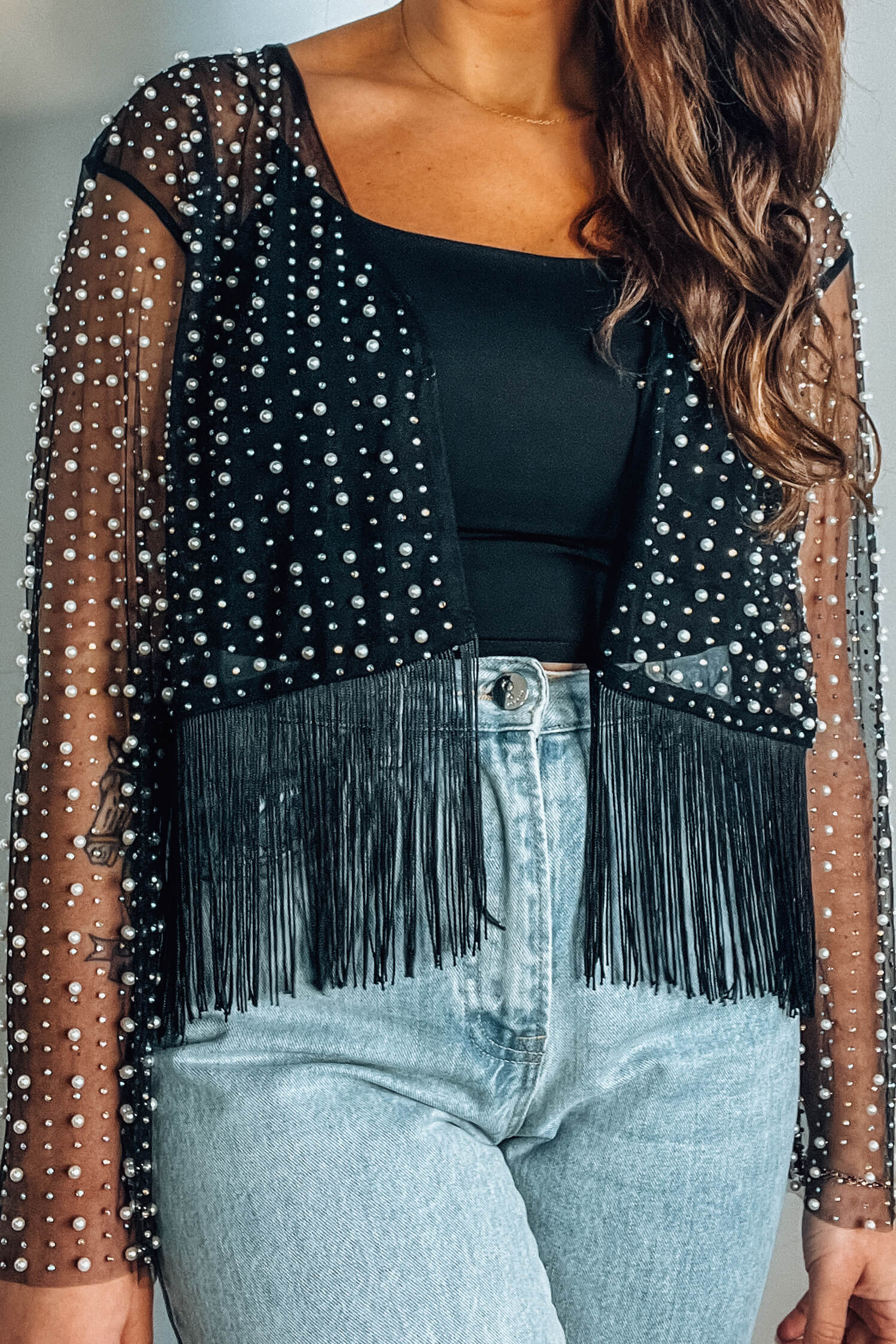 Pearl and Rhinestone Fringed Sheer Mesh Cardigan - Tops - The Green Brick Boutique