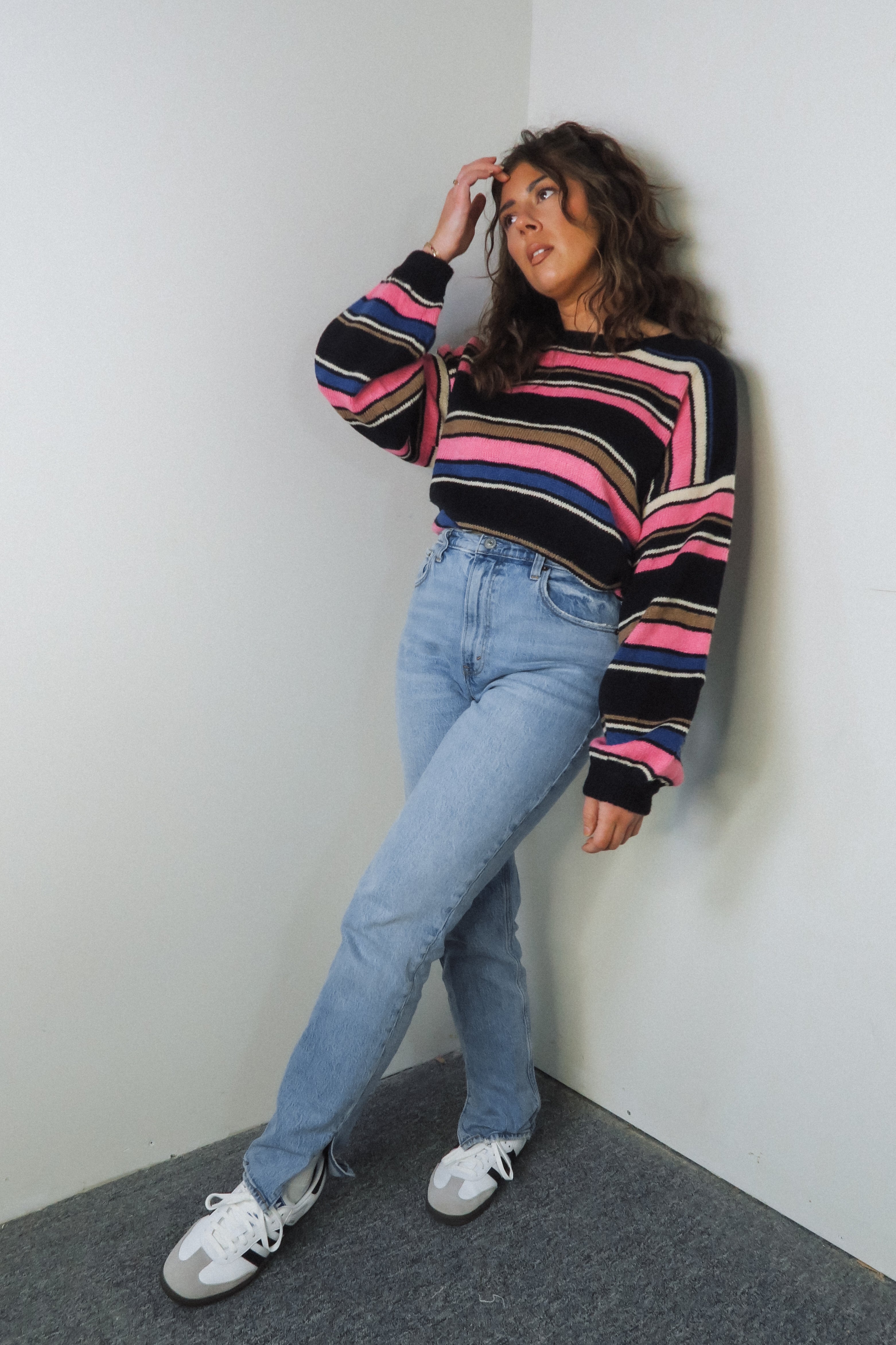 Retro Striped Round Neck Long Sleeve Sweater - Tops - The Green Brick Boutique