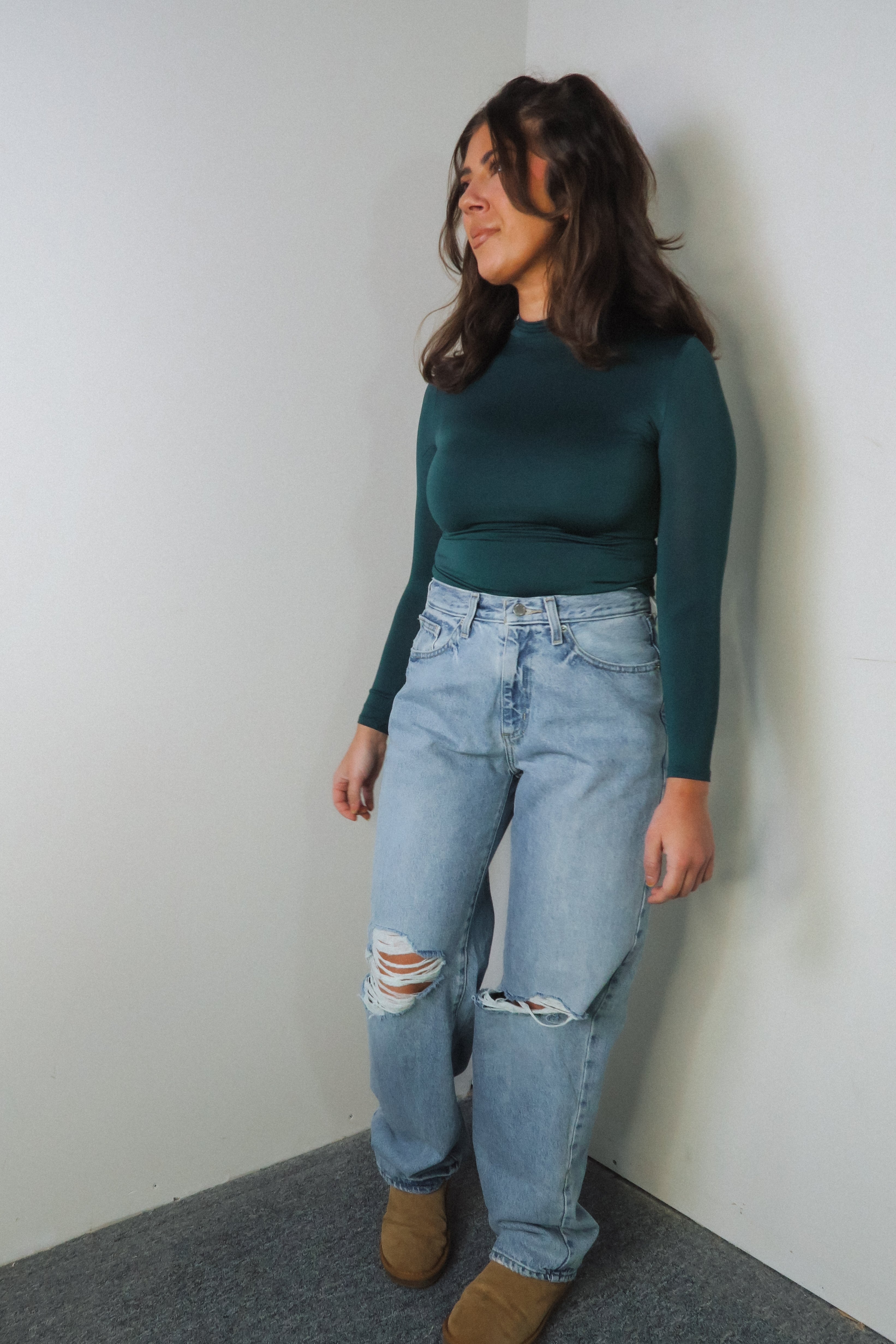 Solid Shaping Mock Neck Long Sleeve - Hunter Green - Tops - The Green Brick Boutique