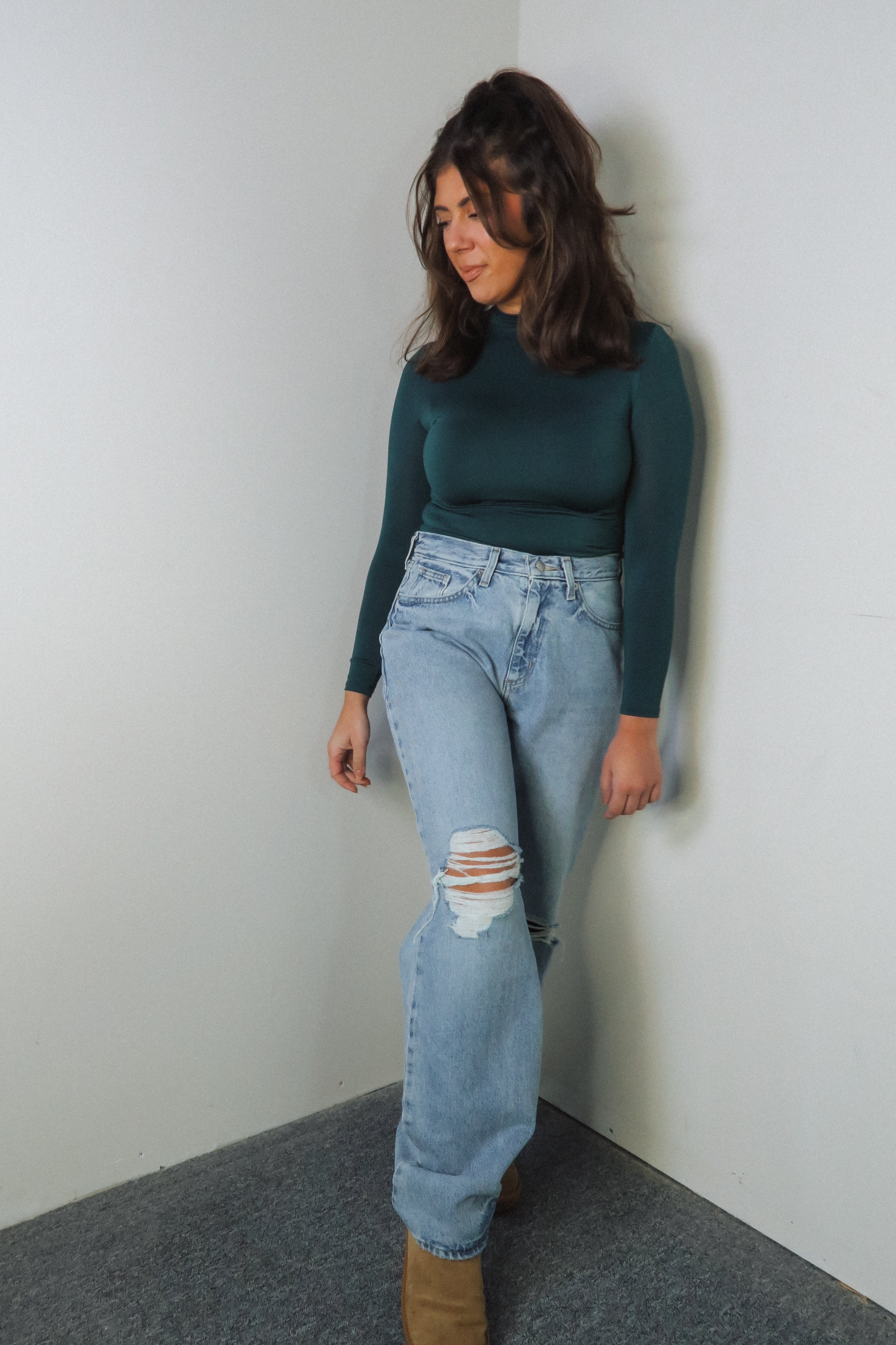 Solid Shaping Mock Neck Long Sleeve - Hunter Green - Tops - The Green Brick Boutique