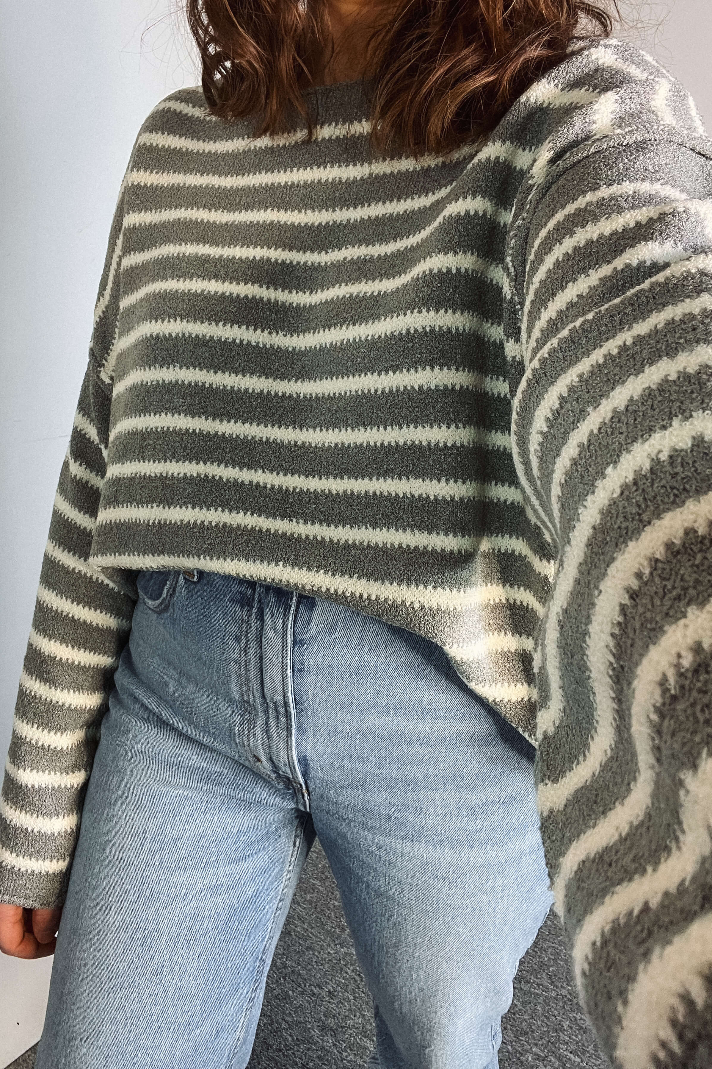 Striped Textured Knit Oversized Sweater - Tops - The Green Brick Boutique