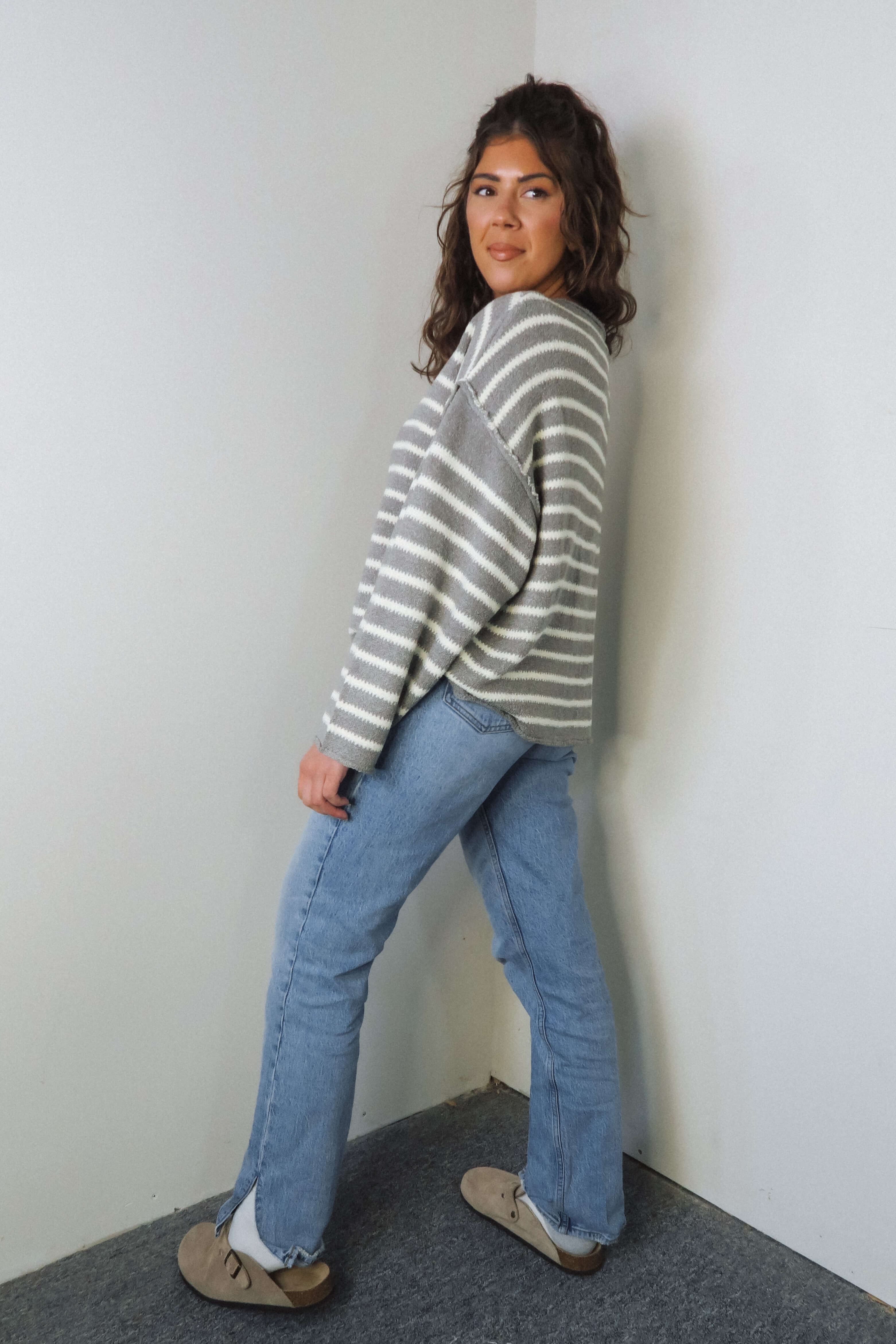 Striped Textured Knit Oversized Sweater - Tops - The Green Brick Boutique