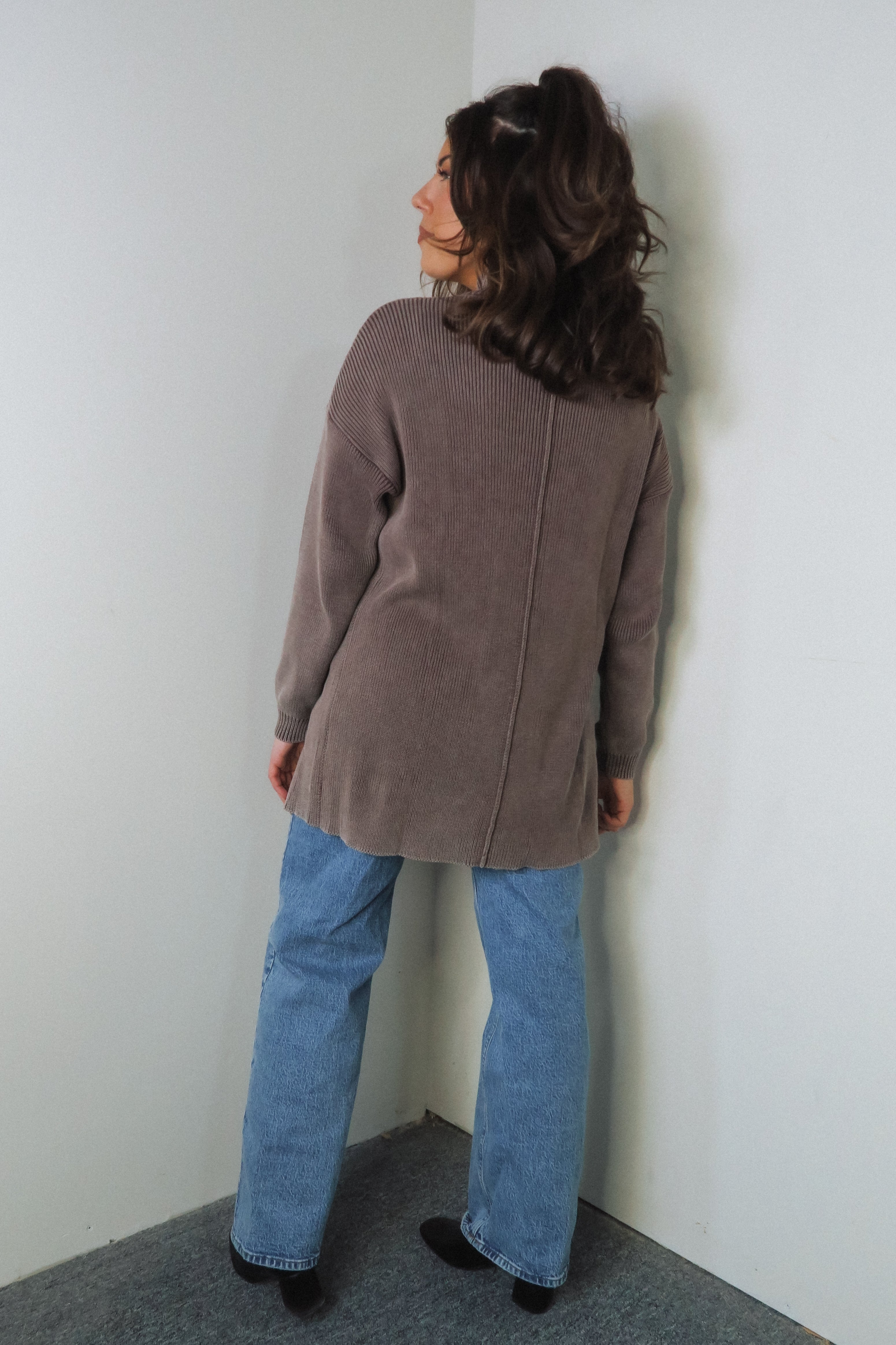 Washed Knit Ribbed Slit Front Sweaters - Tops - The Green Brick Boutique